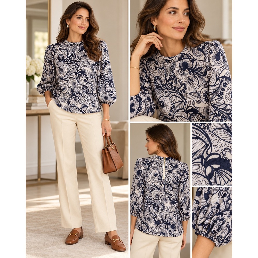 Ted Baker London Johsiie Navy White Floral Paisley Mock Neck Blouse Size 3 L